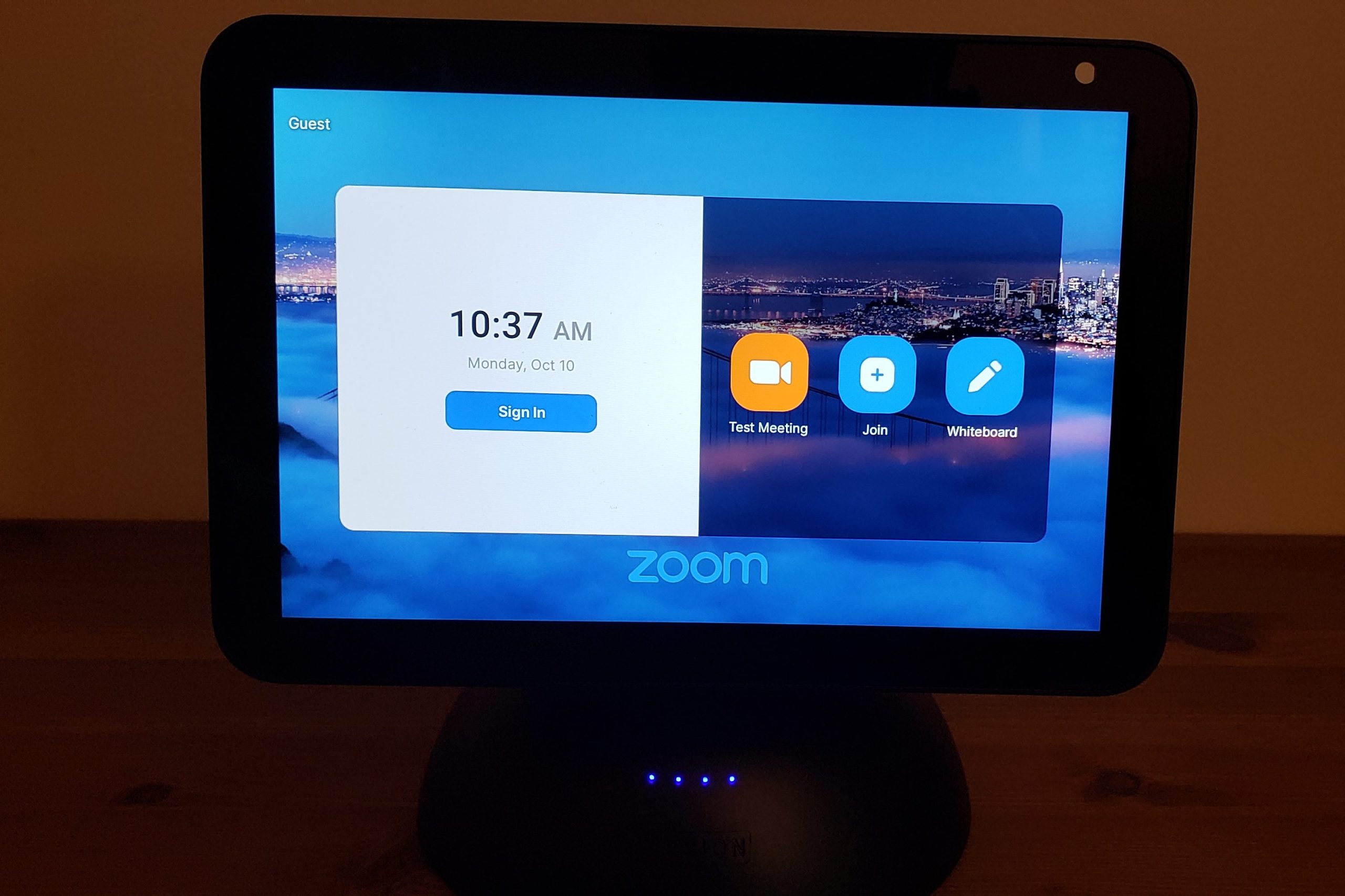 Echo Show 8 with battery base showing the Zoom home screen